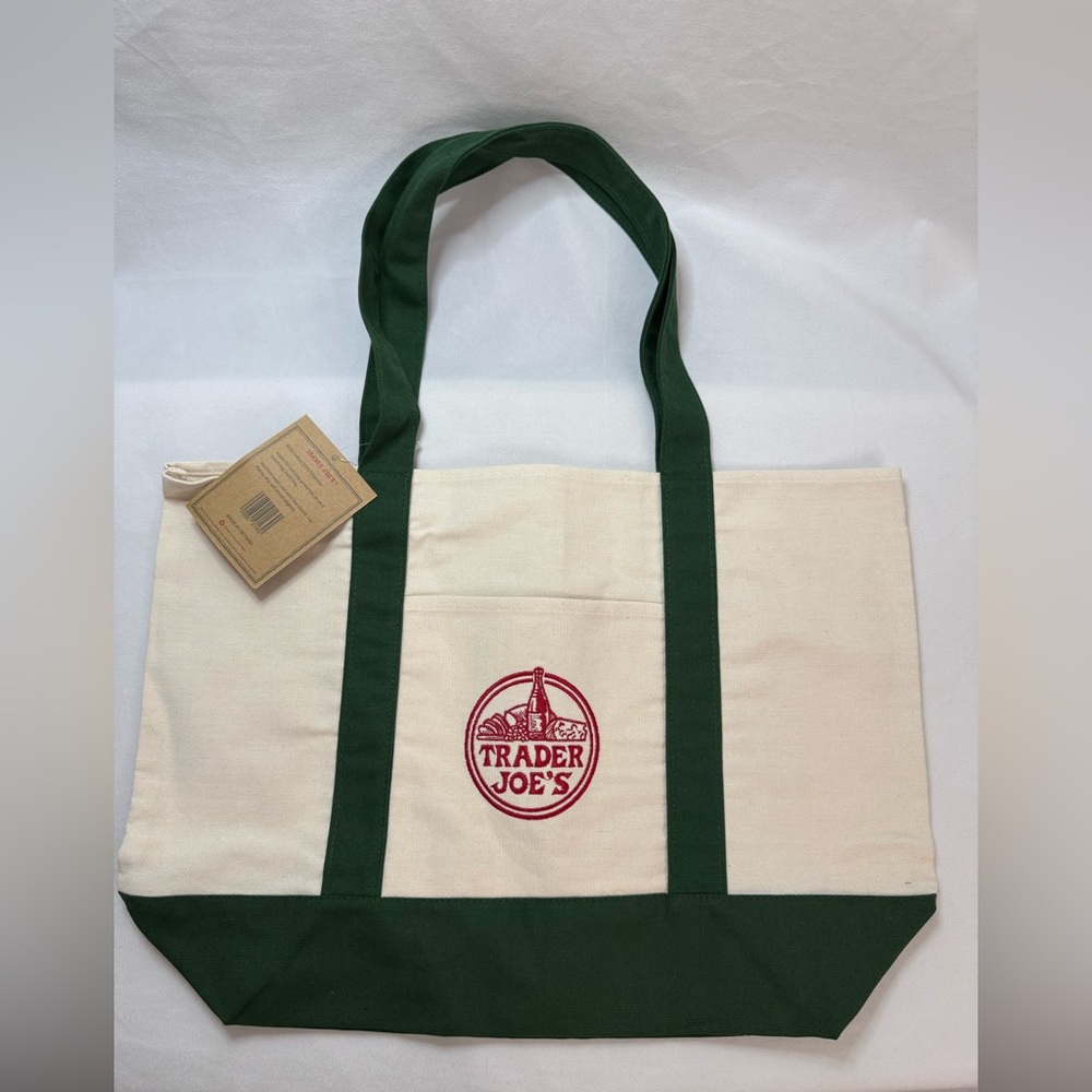 Trader Joes Large Canvas Tote Bag Green - Picture 2 of 4